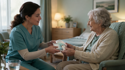 A Kerae caregiver handing incontinence supplies to an older adult at home