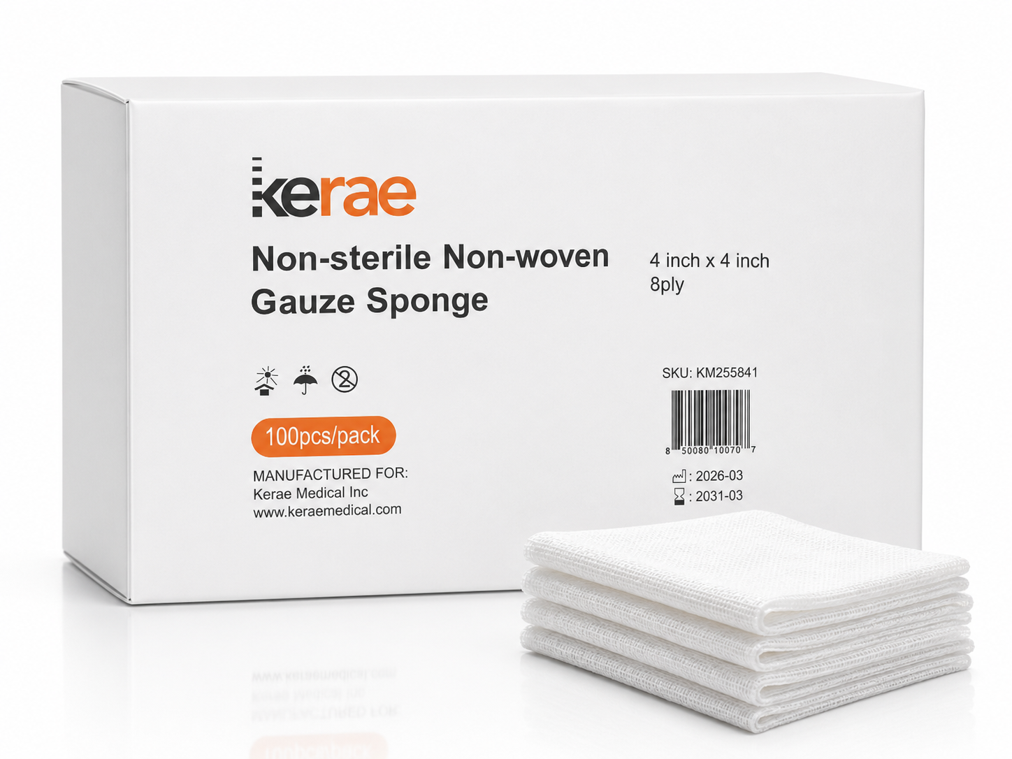 Kerae non-sterile non-woven gauze sponge box beside a stack of 4 x 4 inch 8-ply sponges