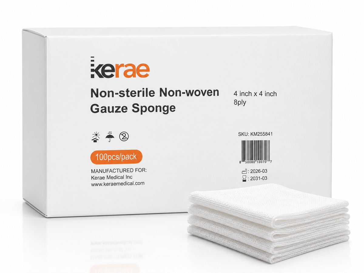 Kerae non-sterile non-woven gauze sponge box beside a stack of 4 x 4 inch 8-ply sponges