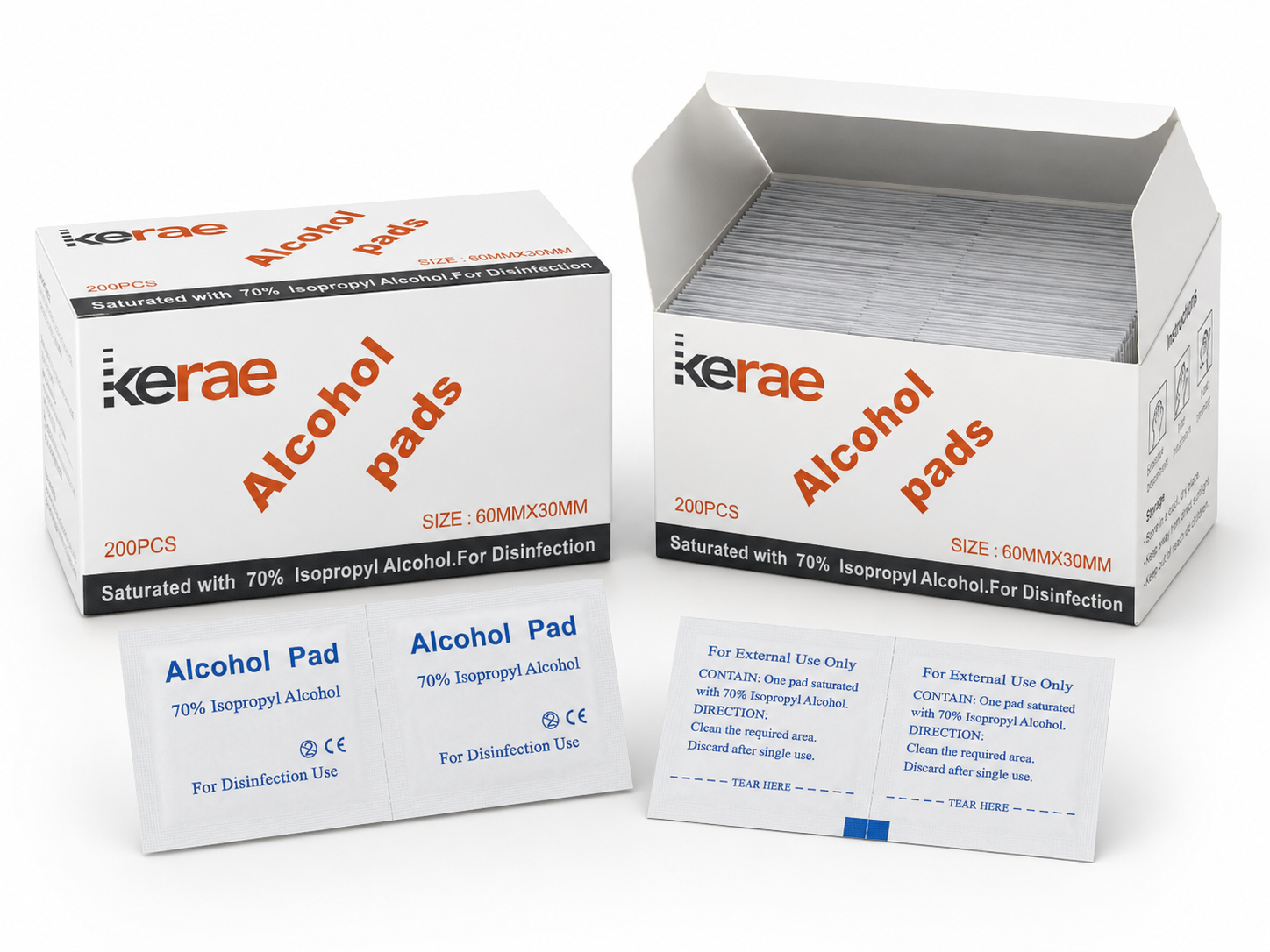 Kerae Alcohol Pads closed and open boxes shown with individual sachets