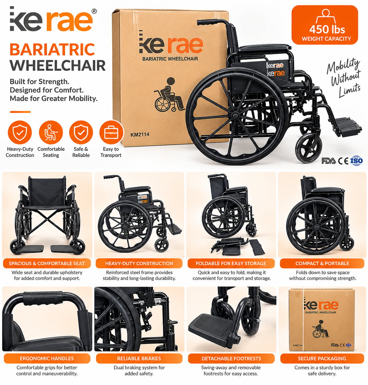 Kerae KM2114 Bariatric Wheelchair, Heavy-Duty Foldable