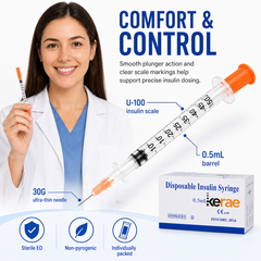 Kerae 0.5ml 30G 5/16"(8mm), Insulin Syringe, Pack of 100