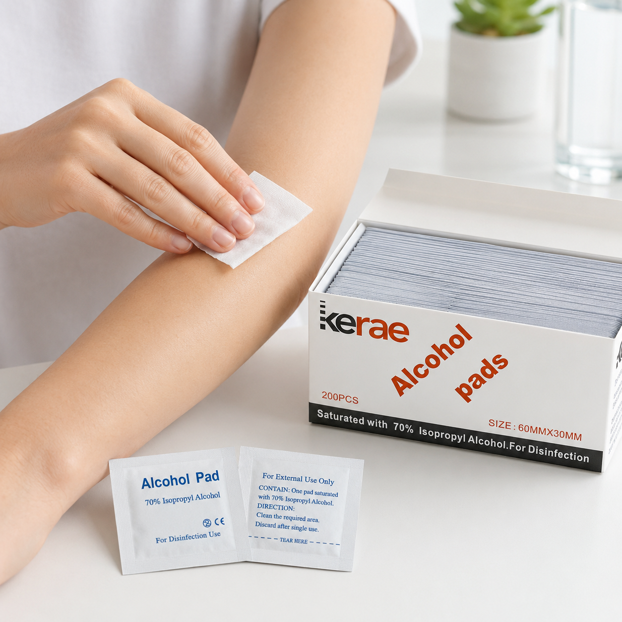 Person wiping their forearm with a Kerae alcohol pad beside an open box of 200