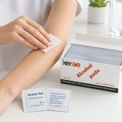 Person wiping their forearm with a Kerae alcohol pad beside an open box of 200