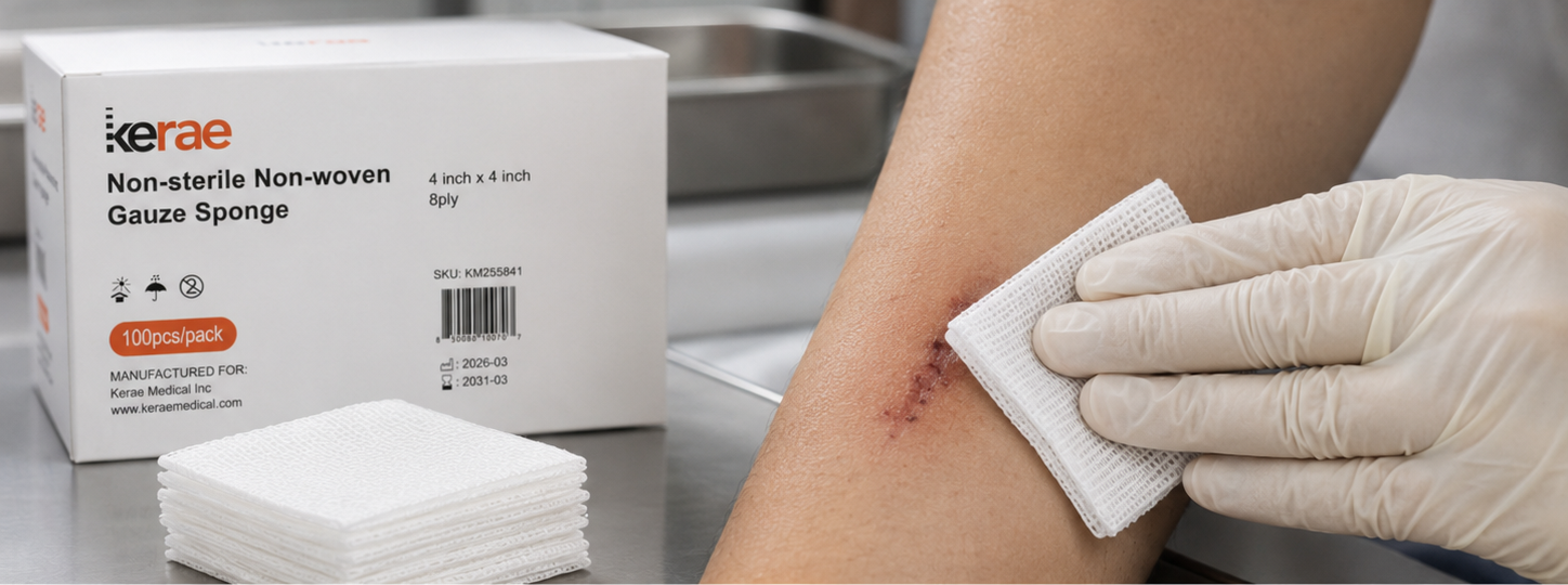 Gloved hand pressing a Kerae non-woven gauze sponge onto a sutured wound on a forearm