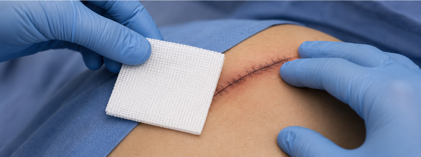 Kerae non-woven gauze sponges in use during a clinical wound dressing change