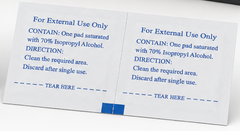 Back of a Kerae alcohol pad sachet with directions for use and the tear line