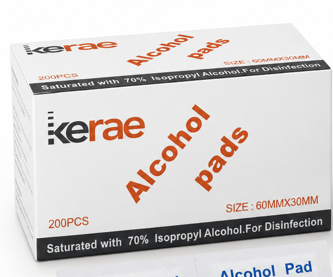 Kerae Alcohol Pads box of 200, saturated with 70% isopropyl alcohol, 60mm x 30mm