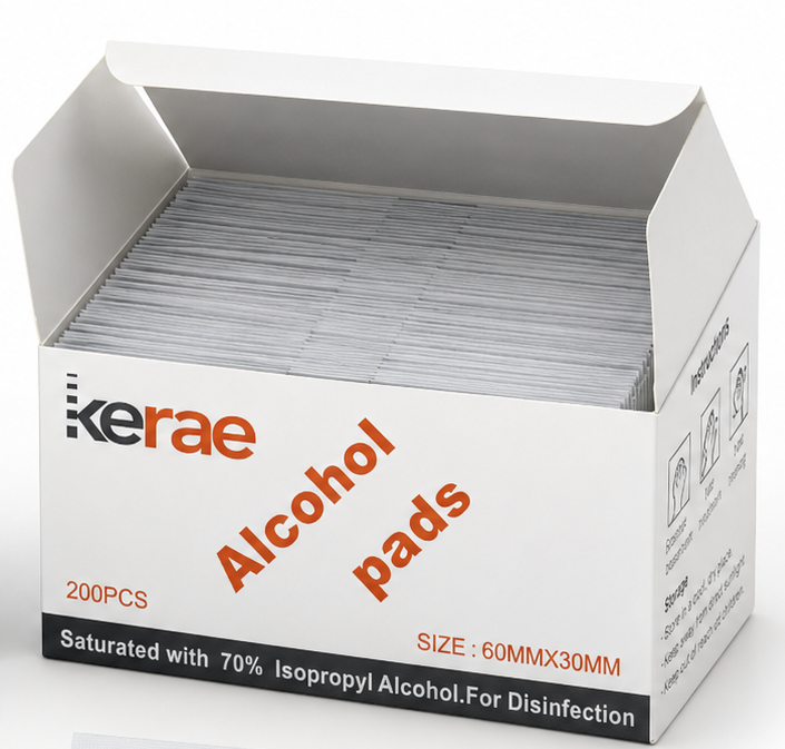 Open box of Kerae Alcohol Pads showing individually sealed sachets standing upright