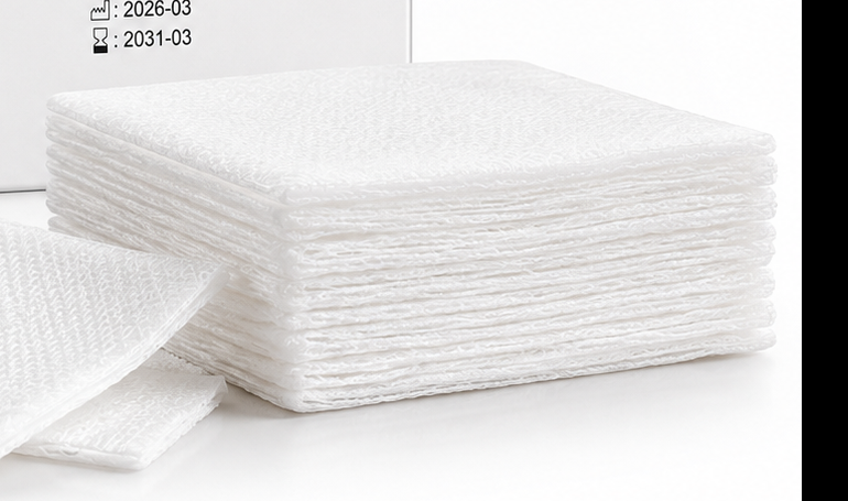 Close-up of stacked Kerae non-woven gauze sponges showing the soft low-lint fabric
